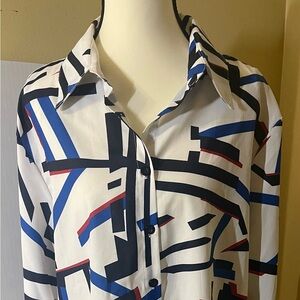 Colorful Geometric Print Long Sleeve Button Down Blouse High/low Hem Size XL